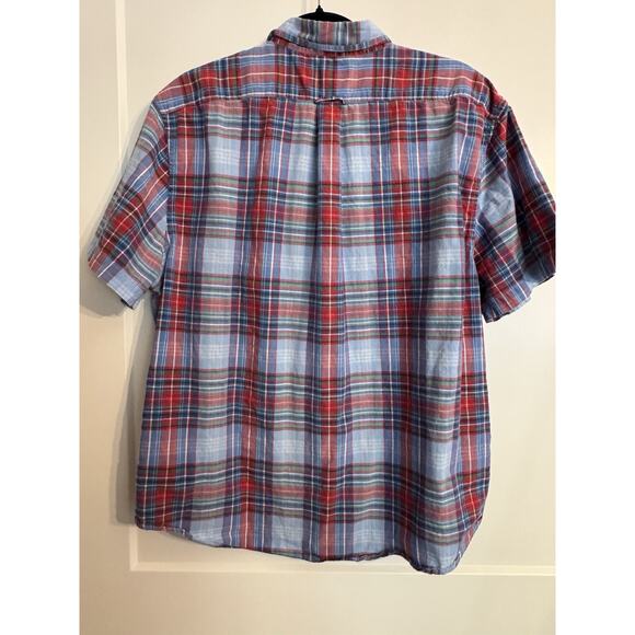 Lands End XL Traditional Fit Red, Blue and white plaid Madras SS button up - Picture 4 of 7